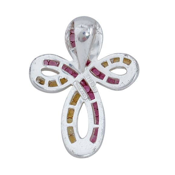 Estate Sterling Silver 925 Yellow Citrine Pink Tourmaline Twist Cross Pendant - Picture 4 of 8